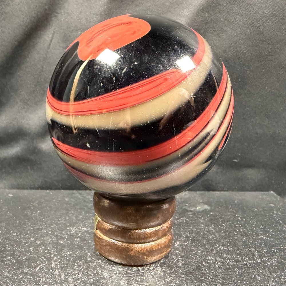 Vintage Art Glass Sphere Red Black Cream Swirl Paperweight 3.21 Inch